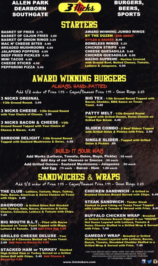 menu | 3 Nicks Bars - Scoreboard, Tap Room, Dearrborn Sports Bar 3 ...